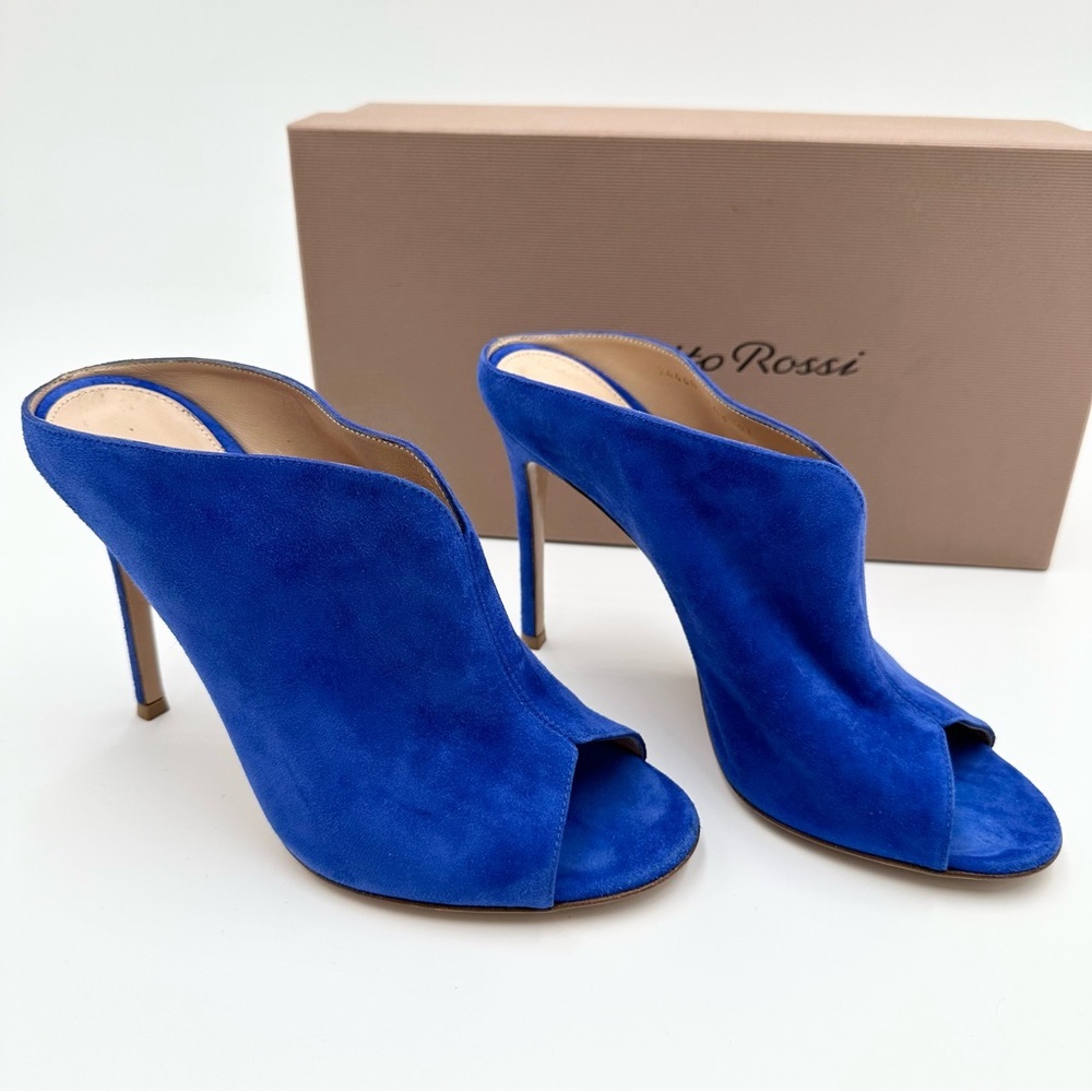 Gianvito Rossi Blue Suede Peep Toe Mules - Picture 2 of 13